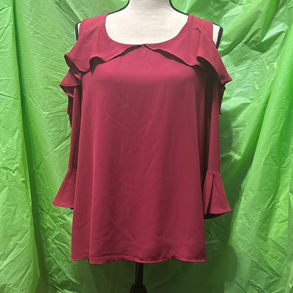 Roz & Ali Red Ruffled 3/4 Sleeve Blouse